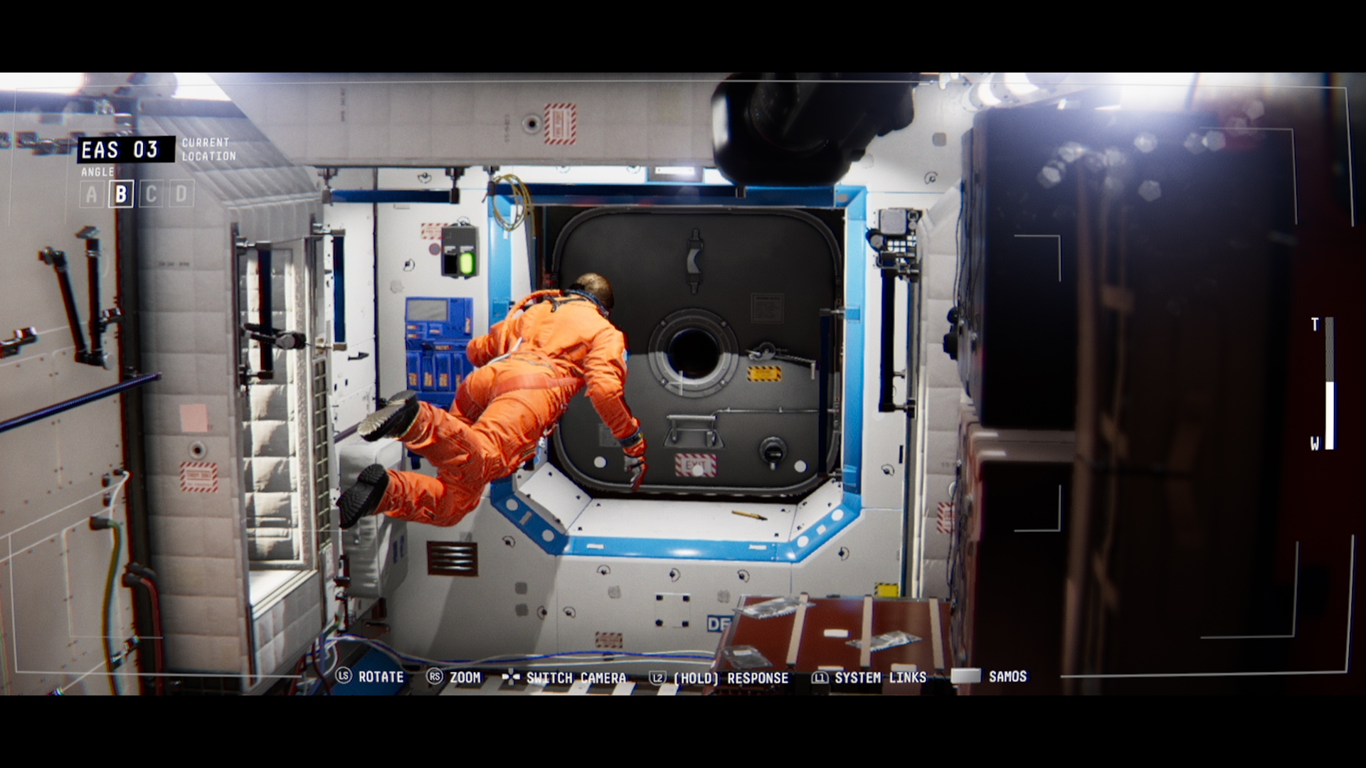 Screenshot from Obsevation by NoCode showing an astronaut floating inside a space station