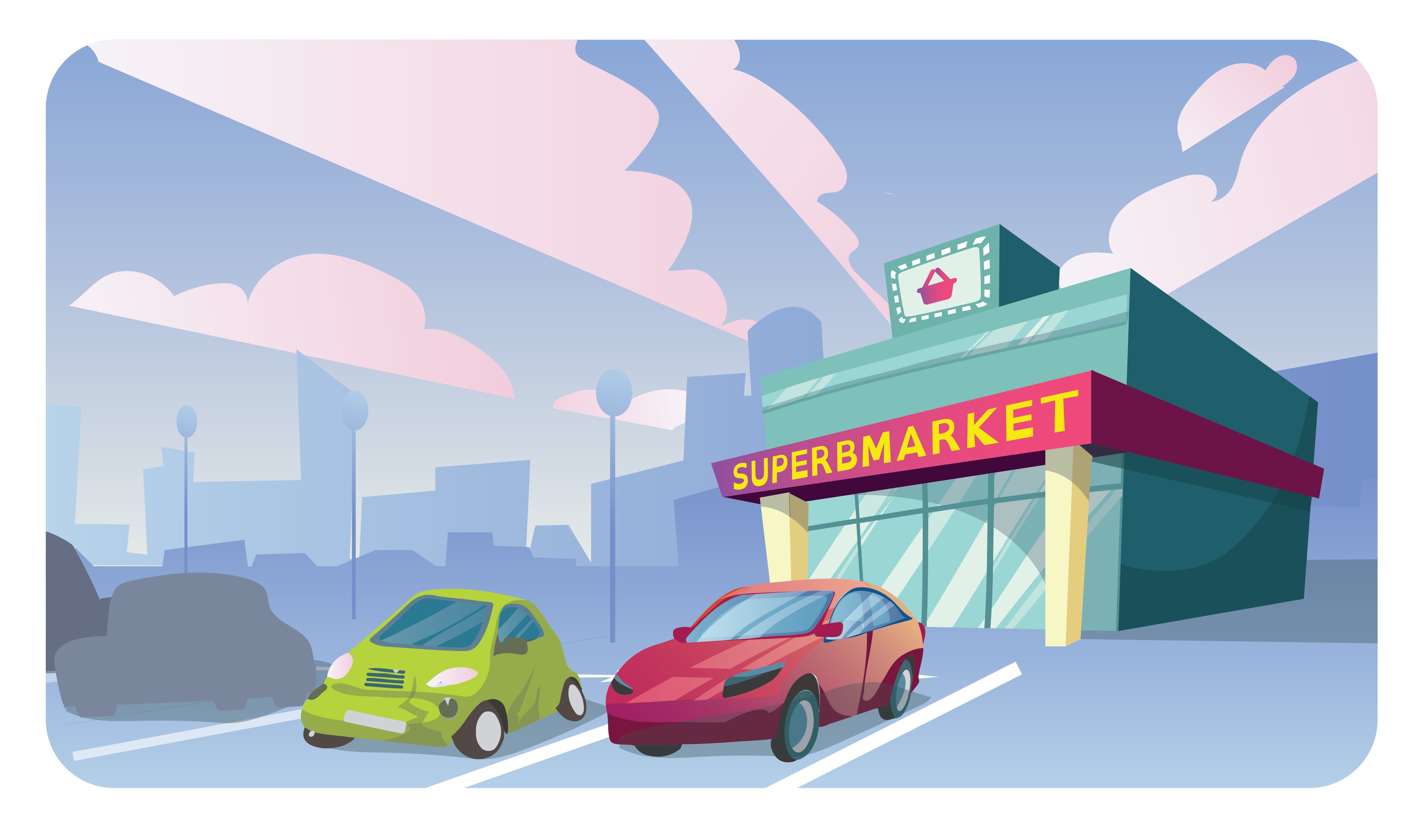 Screenshot from Superbmarket showing the shopfront from outside, a digital narrative game about living wage and decent work