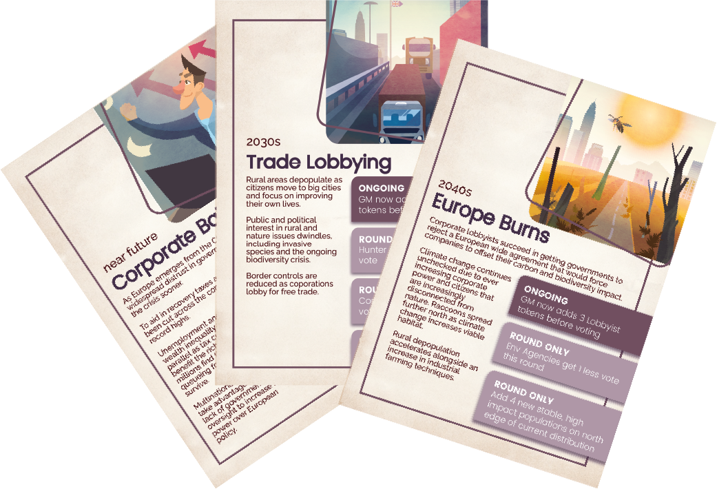 Event cards from the roleplaying game European BioInvasions, these show events from the Near Future, 2030s and 2040s that impact the management of raccoons in europe