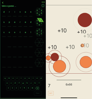 Screenshots from wurd and baw, digital games designed to promote engagement on news site/app Shades News